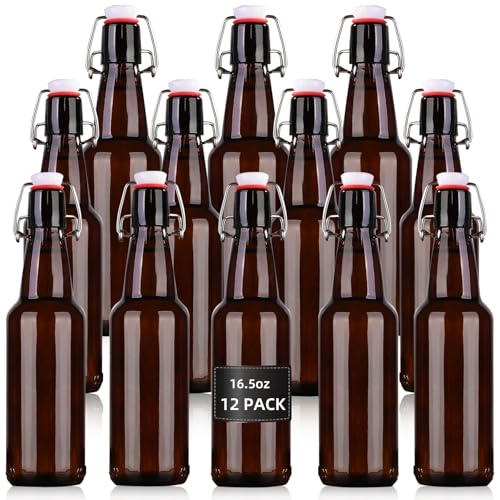 16.5 oz 12 Pack Amber Swing Top Glass Bottles for Airtight Lids, Home Brewing and Fermentation Kombucha, Vanilla Extract, Beverage, Water, Kefir
