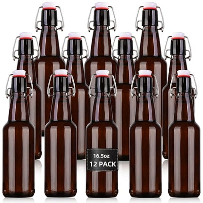 16.5 oz 12 Pack Amber Swing Top Glass Bottles for Airtight Lids, Home Brewing and Fermentation Kombucha, Vanilla Extract, Beverage, Water, Kefir