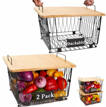 【XXL Big Size】 2 Pack Stackable Wire Storage Baskets with Bamboo Lid- Kitchen Countertop Organizer for Fruit Vegetable -Large Metal Bin for Pantry Organization and Storage, Black - size: 2 PACK