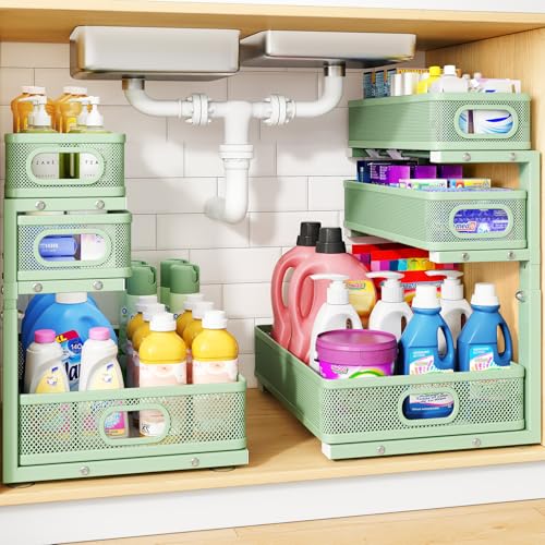 HERJOY Under Sink Organizer, 2-Pack 3-Tier Pull Out Height Adjustable Green | 35% Extra Storage Capacity, Carbon Steel, Hold Up 55lbs, Suction Cups and Nano Adhesive, Fit for Kitchen, Bathroom and Pantry - color: Green, size: 2-Pack