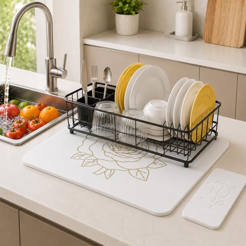 Stone Dish Drying Mat for Kitchen Counter, Glittery Resin Rose Pattern Quick Drying Mat, Water Absorbing Diatomaceous Pad for Plate Bottle Utensil Rack,Space Saving (Gold & White, 16"×12")