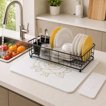 Stone Dish Drying Mat for Kitchen Counter, Glittery Resin Rose Pattern Quick Drying Mat, Water Absorbing Diatomaceous Pad for Plate Bottle Utensil Rack,Space Saving (Gold & White, 16"×12")