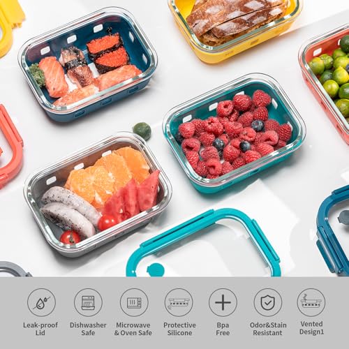 GENICOOK Glass Meal Prep Containers with Glass Lids, 5 Pack 22 oz Airtight Food Storage Containers with Silicone Sleeves, BPA-Free Borosilicate Glass, Microwave Freezer Safe - color: Five Colors