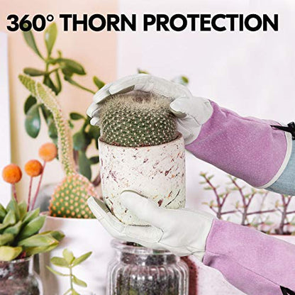 Vgo... 1-Pair Premium Genuine Goat Leather Extra-Long Cuff Thornproof Gardening Gloves (Size L, Pink White, GA1013) - color: 1 Pair - Pink White, size: Women's Large
