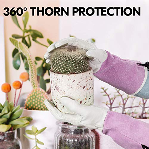 Vgo... 1-Pair Premium Genuine Goat Leather Extra-Long Cuff Thornproof Gardening Gloves (Size S, Pink White, GA1013) - color: 1 Pair - Pink White, size: Women's Small