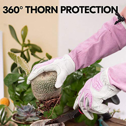 Vgo... 1-Pair Premium Geniune Goat Leather Extra-long Cuff Thornproof, Anti-abrasion, Anti-Impact Gardening Gloves (Size M, White, GA9659) - color: 1 Pair - White Pink, size: Women's Medium