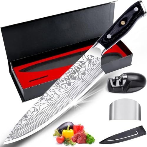 MOSFiATA 8" Super Sharp Professional Chef's Knife with Finger Guard and Knife Sharpener, German High Carbon Stainless Steel EN1.4116 with Micarta Handle and Gift Box - style: 8 inch chef knife