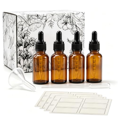 PrettyCare 4 Pack 1 oz Amber Glass Dropper Bottle with Black Cap, 30ml Tincture Bottles with Graduated Droppers - Small Eye Dropper Bottles for Essential Oils, Beauty & Travel - color: 1oz Amber with Black Cap, style: 4 Pack