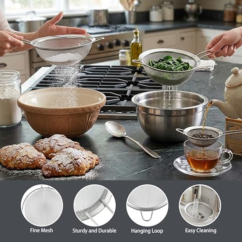 3PCS Fine Mesh Strainers for Kitchen, Stainless Steel Metal Wire Sieve Strainer, Food Strainer with Handlle for Sifting, Straining and Cooking