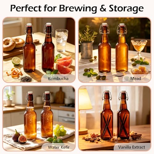 KEYWING 16oz Amber Swing Top Glass Bottles with Stoppers, 10 Pack Airtight Flip Top Bottles for Kombucha, Fermentation, Beer, Vanilla Extract, Soda, Mead, Cider, Kefir & Home Brewing - size: 16oz 10 pack