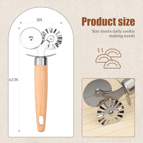 Pastry Cutter Wheel, Crinkle Wheel with Beech Wood Handle | 304 stainless steel crinkle blade, beech wood handle, multi-use for pizza pasta pastry cookie ravioli, 5 variants - color: Pastry Cutter Double Wheel