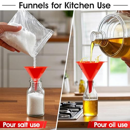 DEDC Oil Funnels, Gas Funnels, Plastic Funnel Set for Car, Automotive, Kitchen, Mini Small Large Red (4pcs Gas Plastic Funnel)