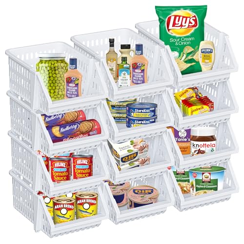 Small Stackable Storage Bins Open Front for Pantry Storage, 12 Pack - White | Sturdy Plastic, Easy Stacking, Open Front Access, Ventilated Sides, Vertical & Space Saving Pantry Organizers and Storage Bin - color: White, size: 12 Pack