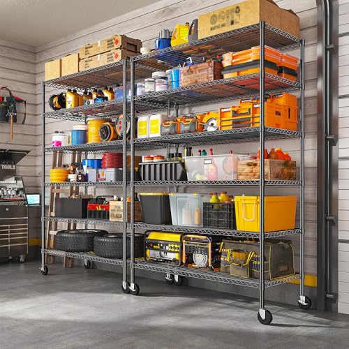 Romorgniz 6-Tier Rolling Storage Shelves, 82" H x 45" W x 18" D Adjustable Wire Shelving Unit with Locking Wheels, Heavy-Duty Metal Rack for Garage, Pantry, Kitchen, Basement – Black - size: 82"H X45"W X18"D-Black