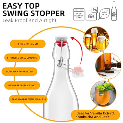 2 Pack 25oz Square Swing Top Glass Bottles, 750ML Bottles with Airtight Stoppers for Kombucha, Kefir, Vanilla Extract, Beer(Bonus Gaskets, Labels and Funnel)
