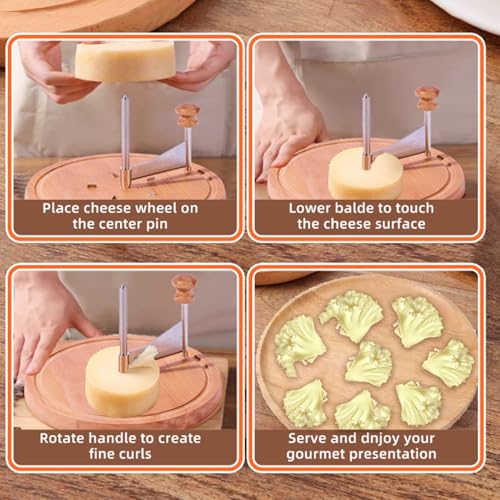 Wooden Cheese Curler Cutter, Stainless Steel Cheese Shaver for Cheese Wheel and Chocolate Block, Manual Cheese Slicer Tools Set with Tweezer for Home Kitchen Commercial Dessert Restaurant Cafe