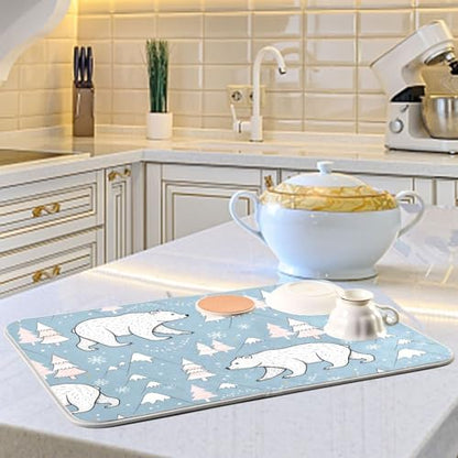Winter Polar Bear Tree Dish Drying Mat for Kitchen Counter Super Absorbent Draining Mat with Non-slip Backed Drainer Mat for Sinks Countertops Draining Racks Dish Bottles Cups Bowl