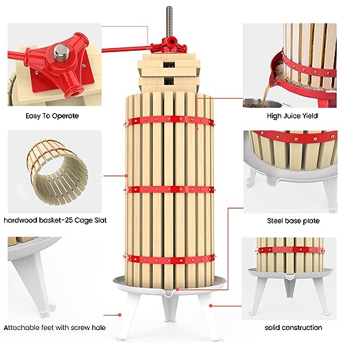 7.9 Gallon Fruit and Wine Press, Manual Cider Juice Maker with Solid Beech Wood Basket & Heavy-Duty Stand for Apples, Grapes, Berries - color: Red, size: 7.9 Gallon