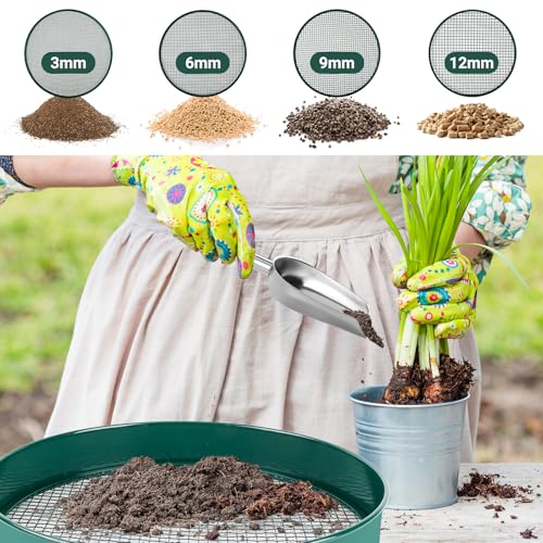 Soil Sifter for Gardening, 12" Green Soil Sifter Potting Sieve with Shovel and 4 Fine Screens for Sand Dirt, Sand, Rock, Filtration, Compost and Bonsai (5 IN1)