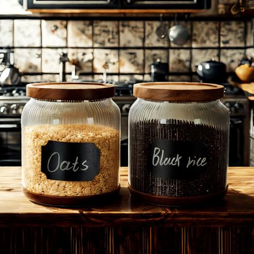 SAIOOL 2-Pack Striped Borosilicate Glass Airtight Canisters - Big mouth Large Capacity, Acacia Wood Lid, Food Storage Jars for Flour, Pasta, Pantry Organization (1/2 Gallon （Striped 2 pack）) - size: 1/2 Gallon (Striped 2 pack)