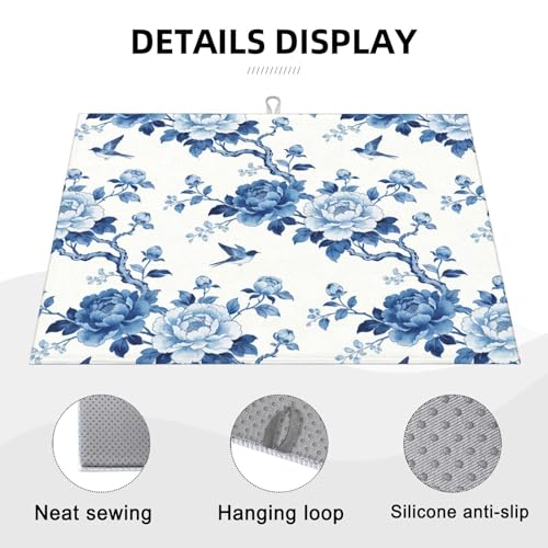 Chinoiserie Dish Drying Mat, for Kitchen Counter Microfiber Absorbent, Blue and White Dish Draining Mat Extra Large 18"x24" - color: Chinoiserie