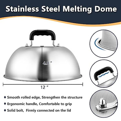 Cheese Melting Dome & Burger Press Kit, Joyfair 12” Basting Cover with Cast Iron Grill Press for Bacon, Griddle Accessories for Outdoor BBQ Flat Top Grilling Teppanyaki Kitchen Steaming (Round)