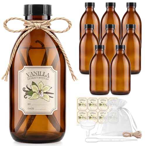 8 Pack 8oz Vanilla Extract Bottles, Amber Glass Bottles with Caps and Labels Small Boston Round Bottles for Homemade Gifts, Essential Oils, Potions, Tinctures & Liquids - Airtight & Leakproof - size: 8 Pack