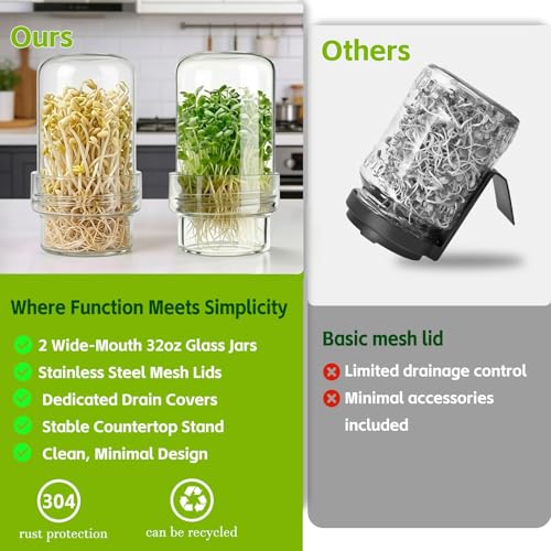Sprouting Jar Kit, 2 Pack Wide Mouth Mason Jar Sprouter with Stainless Stee Screen Lids & Mess-Free Drip Covers Complete Indoor Microgreens Growing Kit Broccoli Alfalfa Gardening Gift