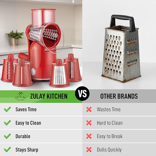 Zulay Kitchen Rotary Cheese Grater 5 Blade Cheese Shredder - Manual Hand Crank Cheese Grater With Reinforced Suction & 5 Interchangeable Drums - Easy to Use, Vegetable Chopper Round Mandoline Slicer - color: Classic | Red
