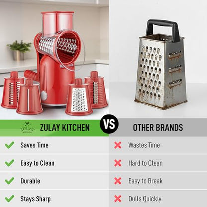 Zulay Kitchen Rotary Cheese Grater 5 Blade Cheese Shredder - Manual Hand Crank Cheese Grater With Reinforced Suction & 5 Interchangeable Drums - Easy to Use, Vegetable Chopper Round Mandoline Slicer - color: Classic | Red
