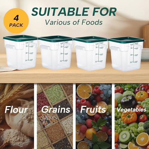 4 Pack 4QT Square Food Storage Containers with Lids | Clear NSF polycarbonate containers with scale, label and measuring cup, stackable for prep, storage, freezer. Dishwasher safe - color: 4Qt