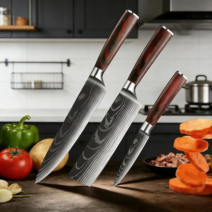 3 Pieces Chef Knife Set,Janpanese Knife | High Carbon Stainless Steel, Professional Kitchen , Ultra Sharp Chef Knives with Premium Gift Box, Ergonomic Pakkawood Handle