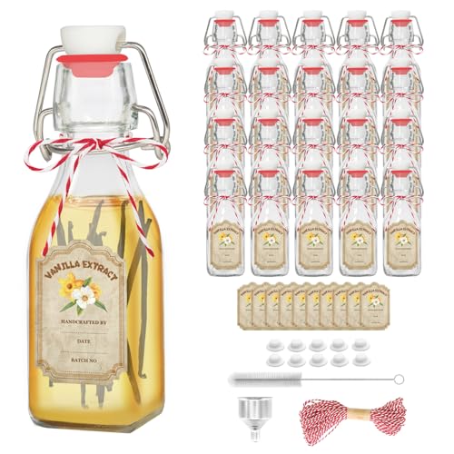 20 Pack Swing Top Glass Vanilla Extract Bottles 4 oz with Lids, Vanilla Labels & Funnel, Boston Square Bottles for Homemade Syrup, DIY Gifts, Flip Top Jars for Extract - color: 20PC 4oz Square Bottle