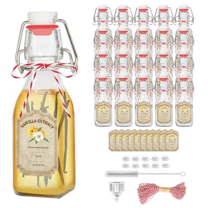 20 Pack Swing Top Glass Vanilla Extract Bottles 4 oz with Lids, Vanilla Labels & Funnel, Boston Square Bottles for Homemade Syrup, DIY Gifts, Flip Top Jars for Extract - color: 20PC 4oz Square Bottle