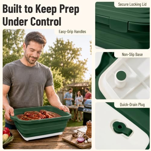 BBQ Prep Tub 3-IN-1 Large 16L Collapsible Cutting Board with Locking Lid for Meal Prep Marinating Food, Camping Sink with Colander, Dish Basin, Storage Blanket for Camping Picnic BBQ, Green - color: Green 16L