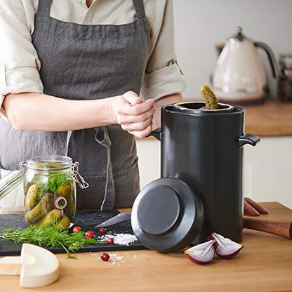 HomeBuddy Fermentation Crock (1 Gallon) with Weights, Acacia Wood Pounder and Recipie Book - Sauerkraut Fermentation Kit, Onggi Kimchi Jar, Fermenting Crock for Pickling or Sourdough - color: Black