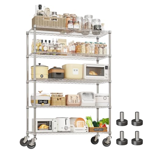 Garvee 5-Tier Metal Shelving with Wheels, Adjustable Storage Shelves Heavy Duty 2000LBS, Chrome Plating Utility Rack NSF Wire Shelving, for Kitchen, Garage, Pantry, Commercial, 47.2" Wx17.7 Dx70.9 H - size: 17.7"Dx 47.2"W x 70.9"H - 5 Tier