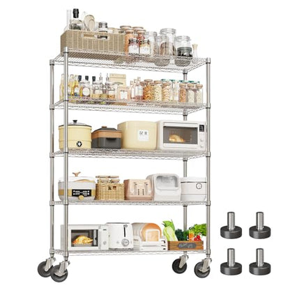 Garvee 5-Tier Metal Shelving with Wheels, Adjustable Storage Shelves Heavy Duty 2000LBS, Chrome Plating Utility Rack NSF Wire Shelving, for Kitchen, Garage, Pantry, Commercial, 47.2" Wx17.7 Dx70.9 H - size: 17.7"Dx 47.2"W x 70.9"H - 5 Tier
