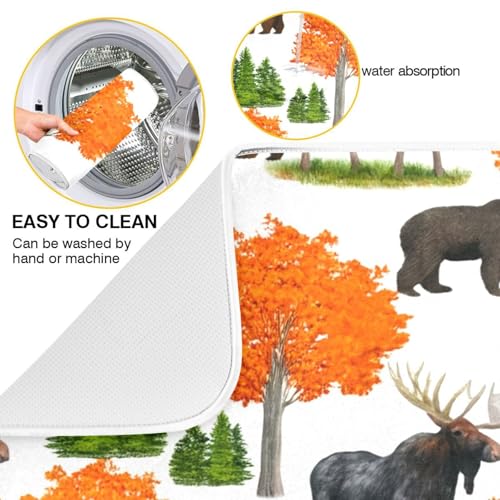 Bear Moose Trees Dish Drying Mat for Kitchen Counter Super Absorbent Draining Mat with Non-slip Backed Sink Tray Mat for Countertops Sinks Draining Racks Dish Bottles Cups Bowl