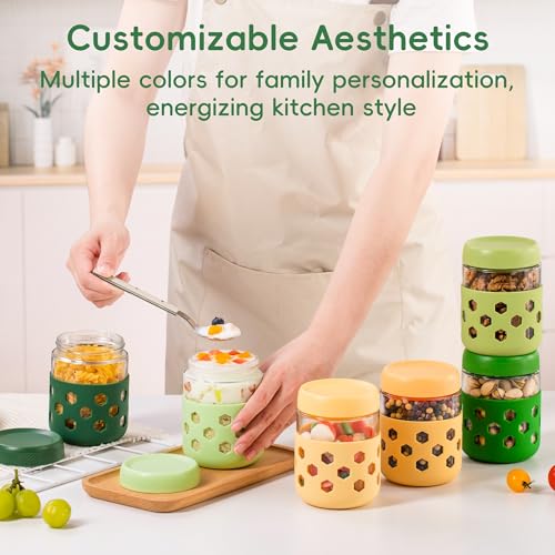 Gemice 6-Pack 16 oz Overnight Oats Containers with Lids and Silicone Sleeves, Glass Mason Jars with Airtight Lid, Dishwasher Safe, Wide Mouth Chia Seed Pudding Meal Prep Jar for Yogurt Berries Snack - color: Green, size: 16oz, 6-Pack