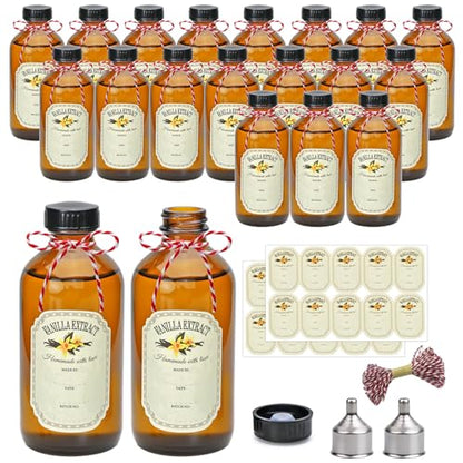YINGERHUAN 8oz Glass Vanilla Extract Bottles,Round Amber Boston with Caps for Syrup,20 Pack Glass Sample Bottles with Stickers and Funnel for Essential Oils,Wedding,Christmas