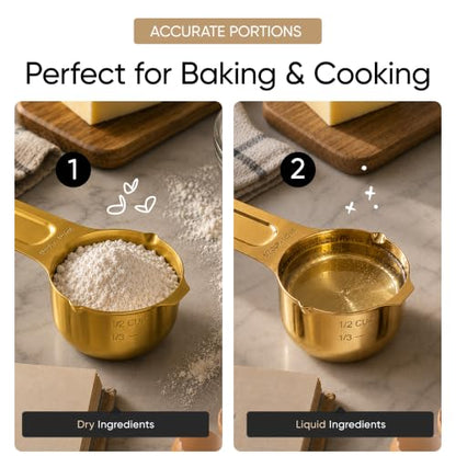 Color Up Measuring Cup Set, 8 Piece – Includes 2 Cup, Gold Finish, Stainless Steel, Accurate for Wet & Dry Ingredients, Embossed Markings, Easy-Pour Spouts, Dishwasher-Safe, Kitchen Essential - color: Gold