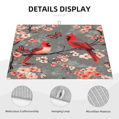 Cardinal Birds Dish Drying Mat for Kitchen Counter Microfiber Super Absorbent Non-Slip Dish Drying Pad for Countertops Dishes Utensils Stylish Quick-Dry Machine Washable 18x24 Inch - color: Cardinal Birds