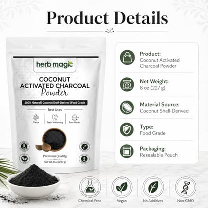 Activated Charcoal Powder – 8 oz (227 g) | Coconut Shell Derived | Finely Milled Powder for DIY Tooth Powder & Beauty Use| Herb Magic