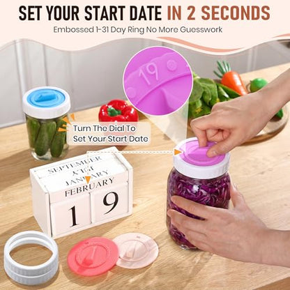 4PCS Mason Jar Fermentation Lids with 4PCS Plastic Mason Jar Rings | 4 colors, 1–31 date dial with a rotatable arrow handle, Air release, Value combo