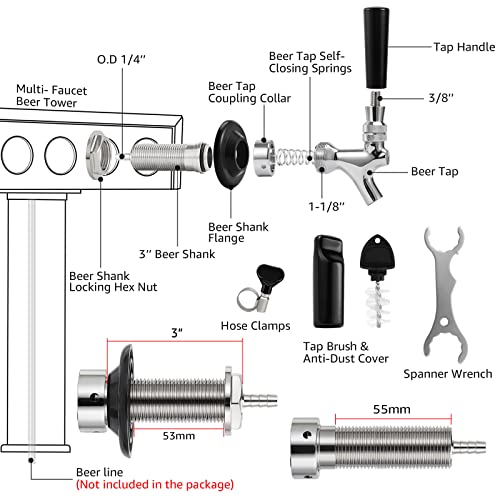 MRbrew Draft Beer Long Shank Faucet Kit, 3'' Beer Shank No Leak 1/4'' Beer Line Nipple Barb Fitting Shank Beer Tap for Kegerator Brewing with Self-Closing Tap, Stainless Steel Core for Home Beer Party - size: 3''
