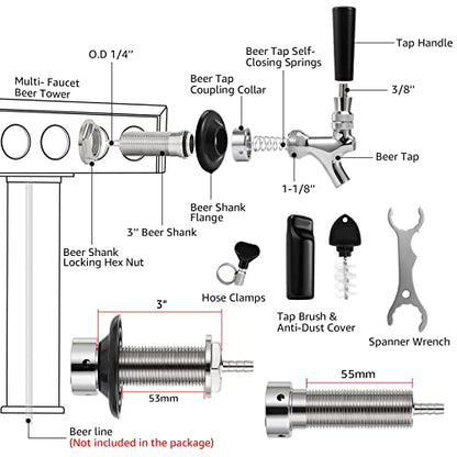 MRbrew Draft Beer Long Shank Faucet Kit, 3'' Beer Shank No Leak 1/4'' Beer Line Nipple Barb Fitting Shank Beer Tap for Kegerator Brewing with Self-Closing Tap, Stainless Steel Core for Home Beer Party - size: 3''