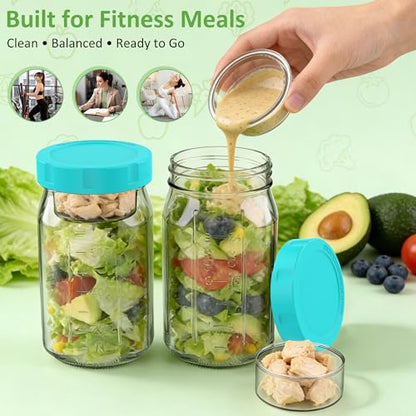 4Pack Glass Salad Jars with Lids, 32oz Salads Mason Jars with Wet/Dry Separation Cup, Meal Prep Salad Containers for Lunch, Leakproof Wide Mouth Food Storage Containers, BPA-Free Reusable (Mint Green) - color: Mint Green