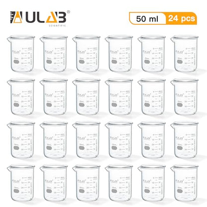 ULAB Scientific Glass Beakers, Vol. 50ml, 3.3 Borosilicate Griffin Low Form with Printed Graduation, Pack of 24, UBG1030 - style: 24pcs of Vol.50ml, Low form