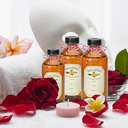 YINGERHUAN 8oz Glass Vanilla Extract Bottles,Round Amber Boston with Caps for Syrup,20 Pack Glass Sample Bottles with Stickers and Funnel for Essential Oils,Wedding,Christmas